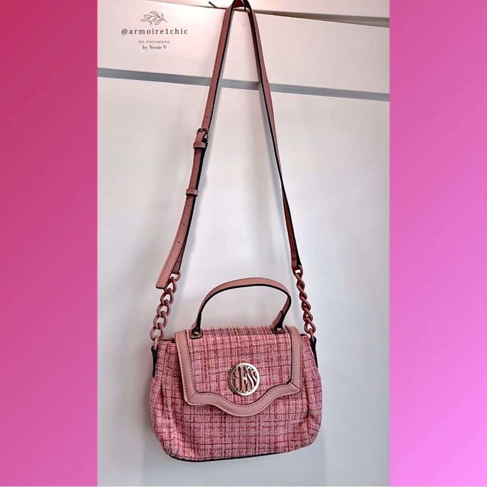 GUESS | Pink Gingham Tweed Crossbody Bag with Leather Trim - Picture 16 of 17